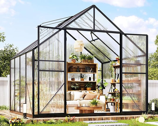 Jocisland 8x8x7 FT Polycarbonate Greenhouse for Outdoors with 2 Windows, Dual Swing Doors, Aluminum Walk-in Frame, Heavy Duty Garden Greenhouse for Backyard, Black