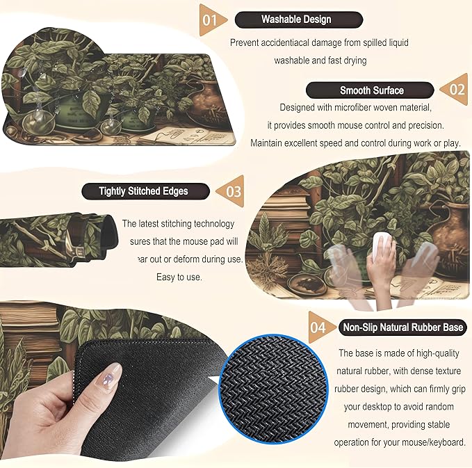 Retro Olive Green Plant XL Large Extended Gaming Mouse Pad Cool Plants Lovers Desk Mat with Stitched Edges, Non-Slip Rubber Base Mousepad, Laptop Computer Keyboard and Mouse Mat 31.5x11.8 in