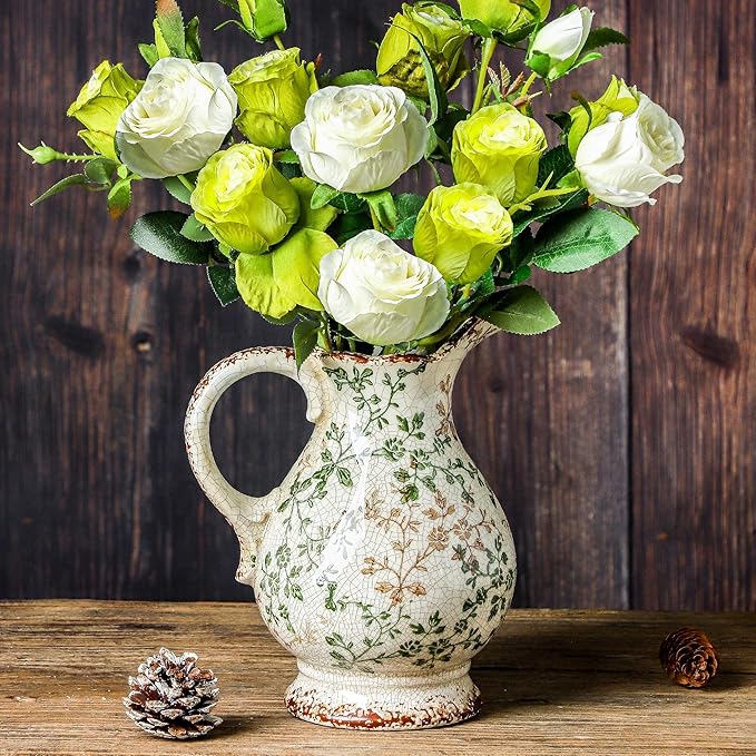 Enra Large Vintage Green Ceramic Vase and Pitcher for Home Decor, 9.7 Inch Rustic Chinoiserie Decorative Vases, Green and Beige Ceramic Vases for Living Room, Kitchen, Office – Large Vases for Decor