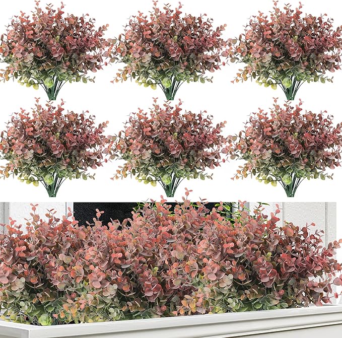 RECUTMS 20 Bundles Artificial Plants Outdoor Faux Plant Eucalyptus Stems Artificial Bushes Boxwood Bushes for Farmhouse Bathroom Office Vase Centerpiece Indoor Outdoor Decor(Dusty Red)