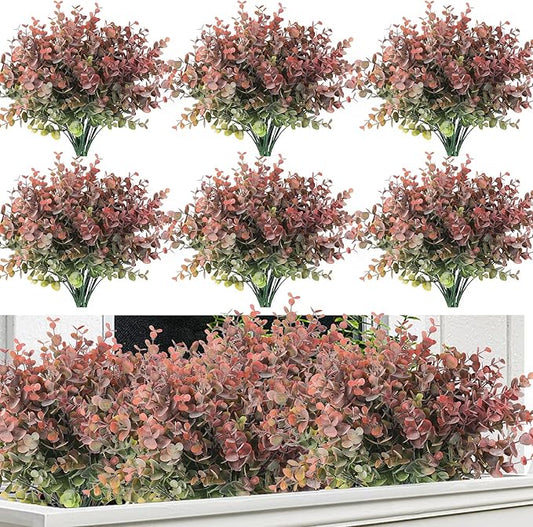 RECUTMS 20 Bundles Artificial Plants Outdoor Faux Plant Eucalyptus Stems Artificial Bushes Boxwood Bushes for Farmhouse Bathroom Office Vase Centerpiece Indoor Outdoor Decor(Dusty Red)