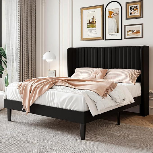 SHA CERLIN Queen Size Velvet Bed Frame with Vertical Channel Tufted Wingback Headboard, Upholstered Platform Bed with Wood Slats, No Box Spring Needed, Easy Assembly, Black