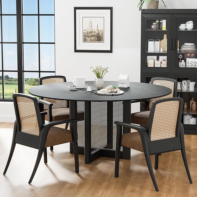 Casaphoria 60" Round Dining Table, Modern Kitchen Table for 8, Scratch-Resistant Top & Rattan Base, Farmhouse Dinner Table for Living Room, Kitchen, Bar, Easy Assembly, Black