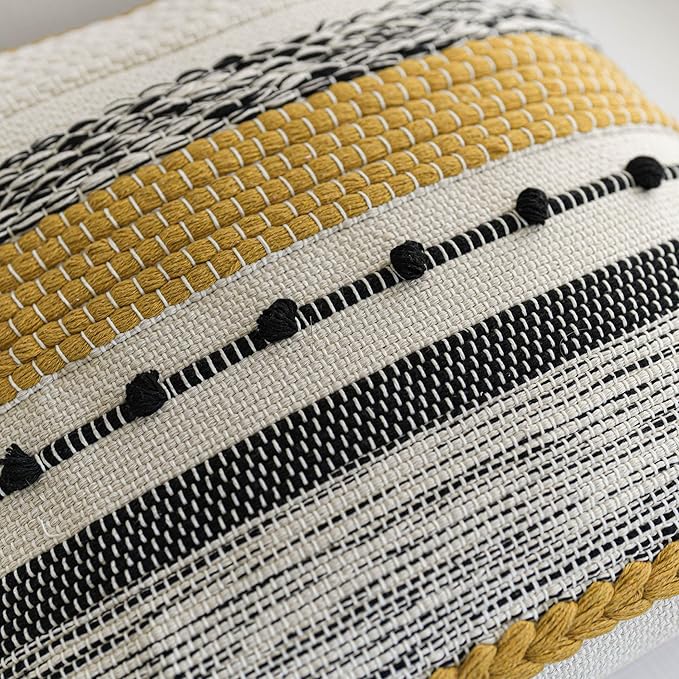 BlissBlush Fall Yellow Mustard Decorative Throw Pillow Cover 18x18 Square Boho Accent Pillowcase Tassels Farmhouse Cushion for Couch Sofa Bedroom Living Room Home Décor Cover ONLY