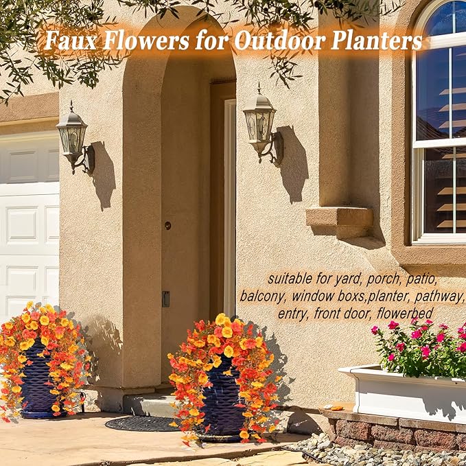 Artificial Flowers for Outdoors, 4 pcs Faux Mums for Outdoor Planters, UV Resistant Fake Flowers Fall Porch Decor, Fake Sunset Mums for Yard Patio Lawn Garden, Silk Flowers Autumn Decor