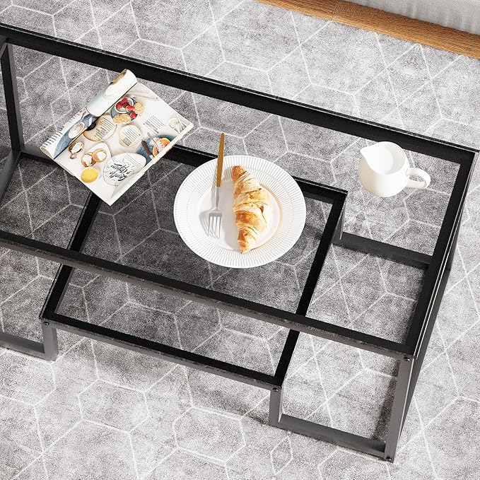 Coffee Table Grey Glass Coffee Table for Living Room,2 Tiers Rectangle Center Table with Sturdy Metal Frame,Modern Tempered Glass Accent Table for Bedroom Home Office