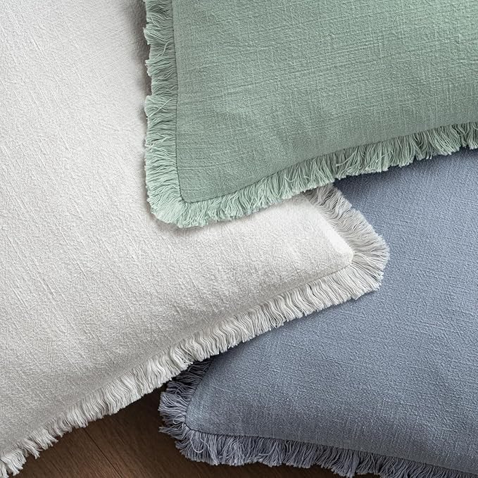 MIULEE Decorative Throw Pillow Covers Neutral Linen Fringe Throw Pillows Set of 2 Light Blue Boho Farmhouse Cushion Covers with Tassels for Couch Sofa Bed Living Room Spring Home Decor 18x18 Inch