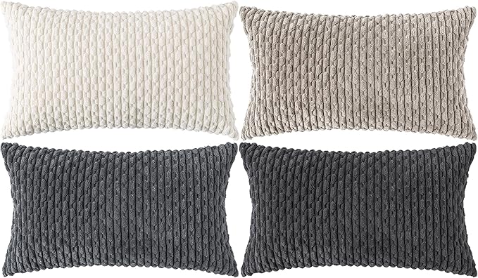 Set of 4 Grey White Taupe Decorative Throw Pillow Covers 12x20 Inch Corduroy Pillow Covers for Bed Couch Sofa Living Room Soft Cushion Cases