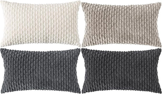 Set of 4 Grey White Taupe Decorative Throw Pillow Covers 12x20 Inch Corduroy Pillow Covers for Bed Couch Sofa Living Room Soft Cushion Cases
