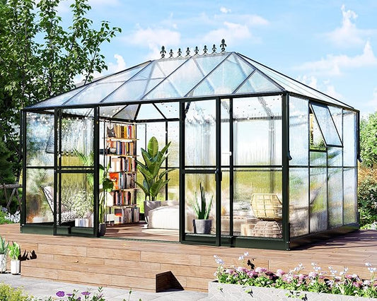 Howe 14x9.5x9 FT Polycarbonate Greenhouse with 2 Vents and Double Swing Doors 6FT Added Wall Height, Walk-in Large Sunroom Aluminum Greenhouse for Outdoors, Black