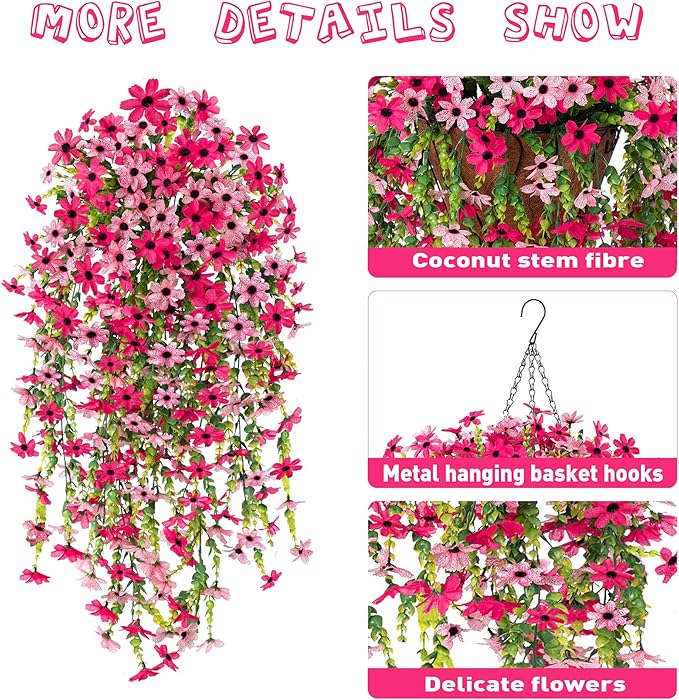 Fake Artificial Hanging Flowers for Outdoors Fake Plants Decoration, 2 Bundles Faux Silk Colorful Daisy Eucalyptus Realistic UV Resistant for Outside Home Planter Porch Patio Yard Decor(Rose Pink)