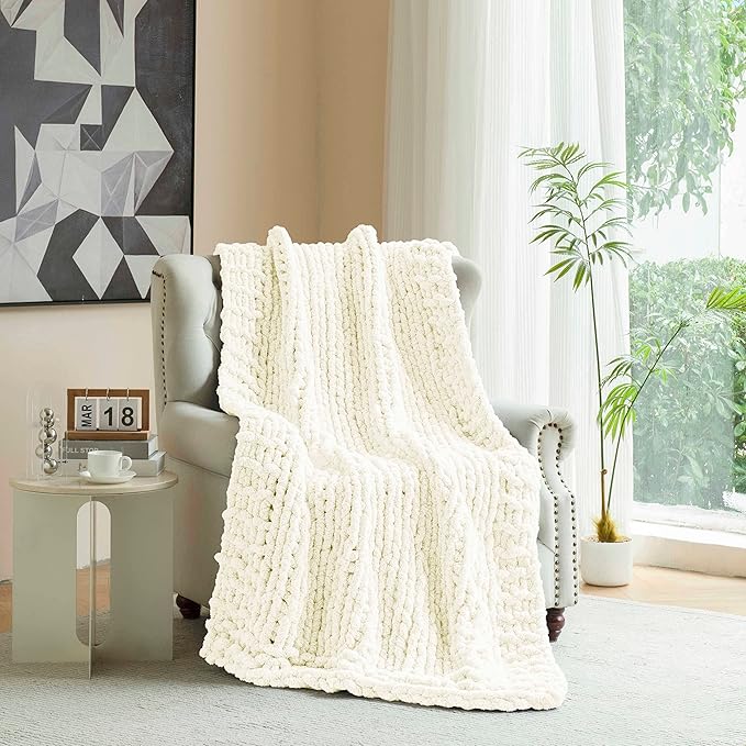 clootess Chunky Knit Blanket Knitted Throw Crochet Chenille Yarn Woven for Bed Sofa Textured Thick Cable Decor (Ivory 40x60 in)
