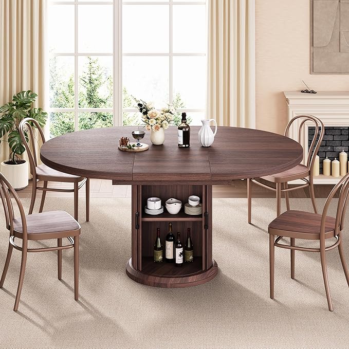 Extendable Round Kitchen Dining Room Table for 4-6 with 2-Tier Storage Shelf, 63'' Space Saving Expandable Wood Oval Circle Dinner Furniture with Pedestal Base (Brown)