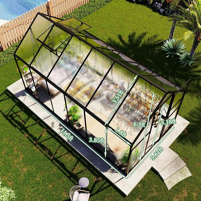 Amerlife 6x12x6.3 FT Ft Polycarbonate Greenhouse for Outdoors, Walk-in Design with Aluminum Frame, 2 Windows and Swing Door, Heavy-Duty Greenhouse Construction for Garden, Black