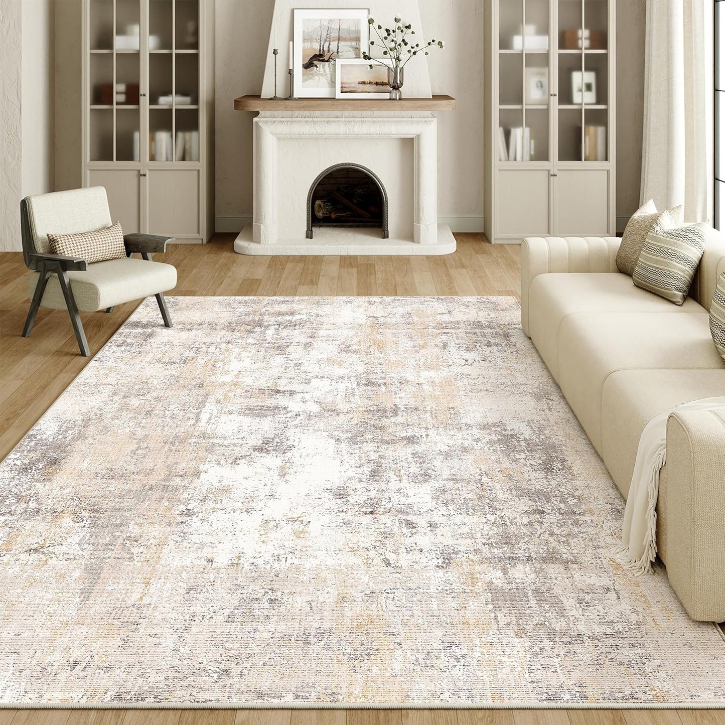 10x12 Washable Area Rug Beige Grey Neutral Abstract Living Room Bedroom Large Throw Rug Non Slip Soft Low Pile Indoor Floor Carpet for Dining Room Kitchen Office Entryway