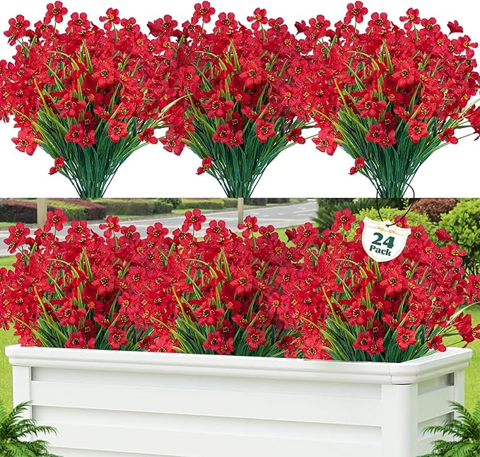 Lnoicy 24 Pcs Artificial Flowers for Outdoor,Plastic Flowers Decoration, UV Resistant Faux Flowers Shrubs, Artificial Plants for Indoor Outside Garden Home Wedding Farmhouse(Red)