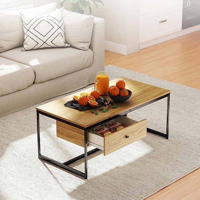 Manora Minimalist Coffee Table with Drawer, Modern Industrial Aesthetic Center Table for Living Room, Stylish Wood Modern Coffee Table with Storage, Light Brown