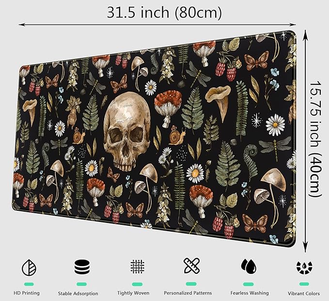 Cool Skull Desk Mat Floral Mouse Pad Black Mushroom Plants Goth Desk Pad XXL Large Gaming Mousepad Laptop Computer Keyboard Mouse Mat 31.5x15.75 in, Office Desk Mats Decor Accessories for Women