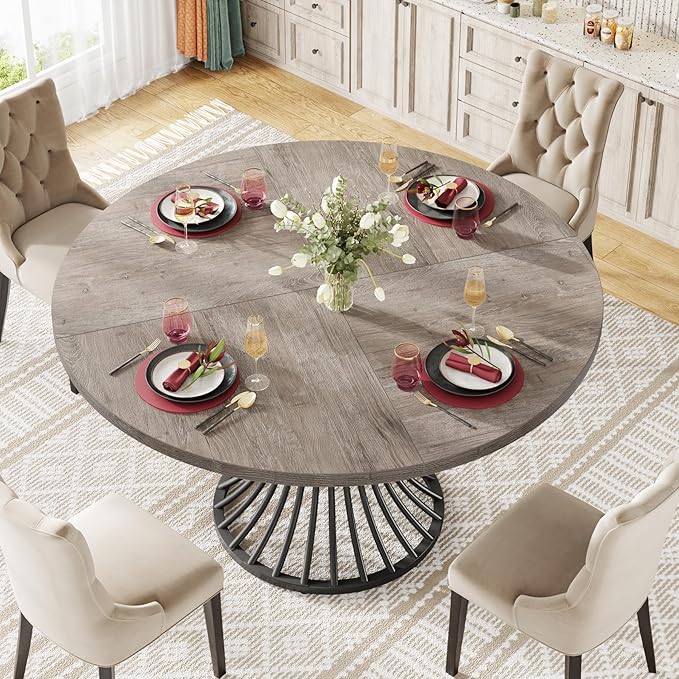 Tribesigns Round Dining Table, 47-Inch Farmhouse Dinning Room Table, Industrial Dinner Table with Metal Base, Grey
