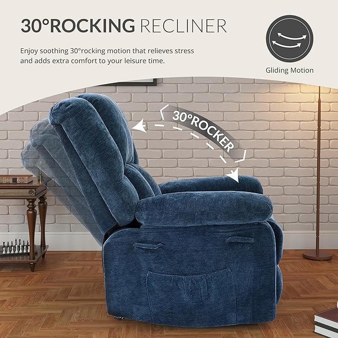 Velvet Rocker Recliner for Adults, Overstuffed Manual Recliner Chair with Spring Cushion, Rocking Chair with Side Pockets, Nursery Glider Recliner Single Sofa for Living Room (Oversize, Blue)