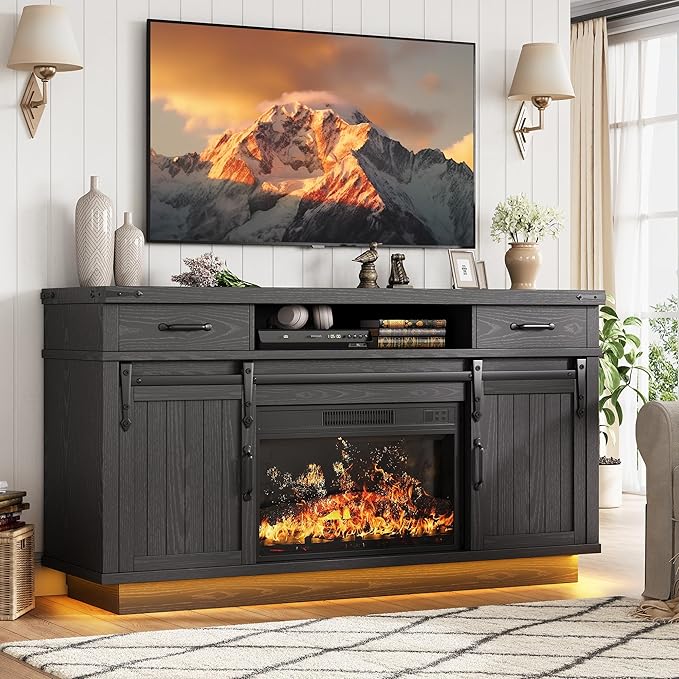 Fireplace TV Stand for TVs up to 65", Electric Fireplace with 3D Flame, Farmhouse LED Light Entertainment Center with Sliding Barn Door, Media Console with Storage Cabinets for Living Room (Black)