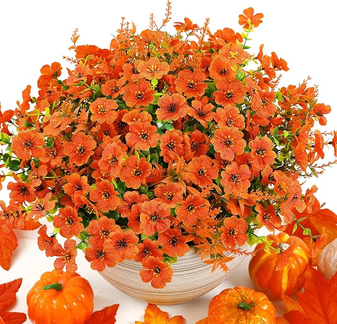SHareconn 24 Bundles Artificial Fall Flowers for Outdoors Decoration, UV Resistant Silk Eucalyptus Lavender Faux Autumn Fake Plants for Outside Indoor Garden Yard Porch Home Decor, Orange
