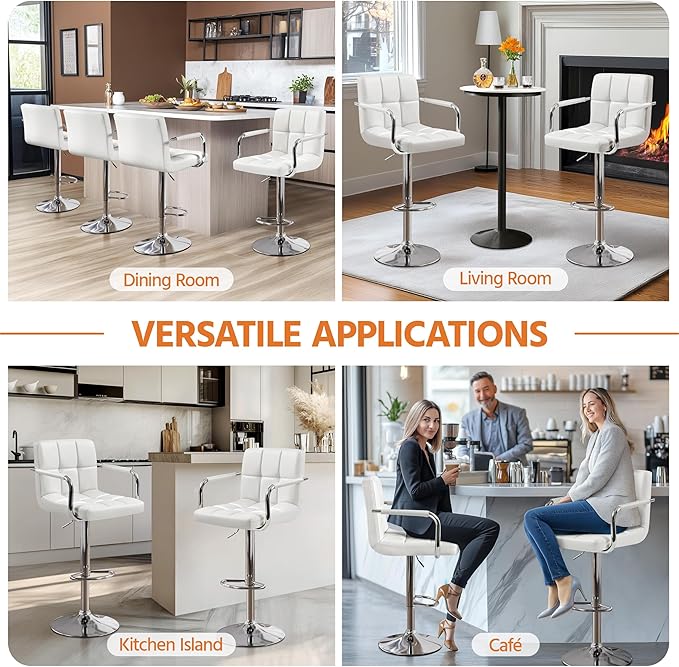 Yaheetech Bar Stools Set of 2, PU Leather Adjustable Swivel Barstools, Hydraulic Kitchen Counter Height Bar Chairs with Armrest and Back for Bar, Kitchen, Dining Room, White