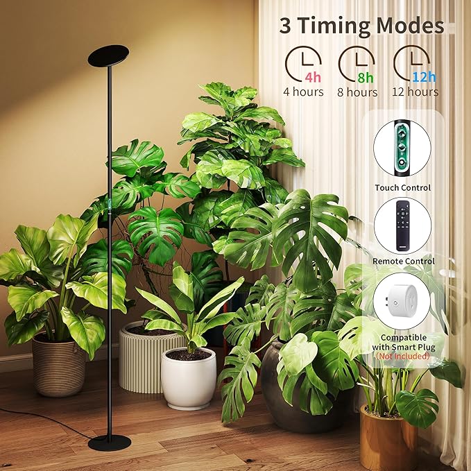 chiphy Grow Lights, 85" Full Spectrum Plant Light for Indoor Plants, 4/8/12H Timer, 60W Grow Lamp, 10 Dimmable Brightness, Height Adjustable, Remote Control, Ideal for Large Tall Plants