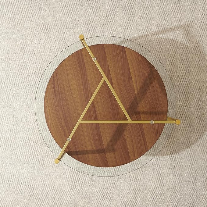 Round Coffee Table, Mid-Century Modern Design, D30*H17 inch, for Living Room, 2-Tier Structure, Clear Glass Top and Walnut MDF Shelf, Sleek Conical Metal Legs with Gold Finish