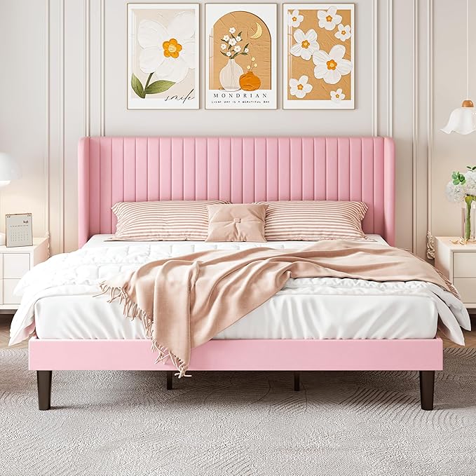 SHA CERLIN King Size Velvet Bed Frame with Vertical Channel Tufted Wingback Headboard, Upholstered Platform Bed with Wood Slats, No Box Spring Needed, Easy Assembly, Pink