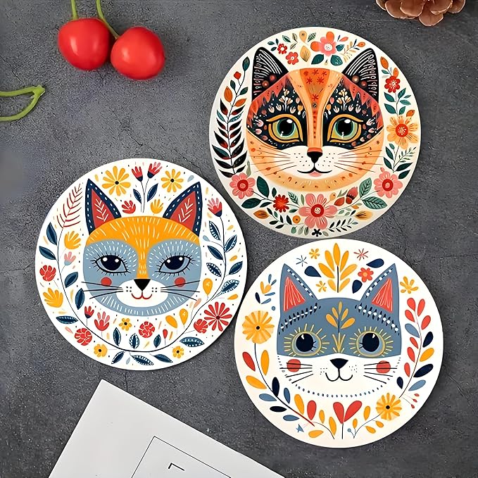 Coasters Set of 6, Wood Coasters for Drinks - Handcrafted Cat Design Thick Heat-Resistant for Beer, Coffee, Office, Bar, Farmhouse Home Decor, Tabletop Protection, for All Cups