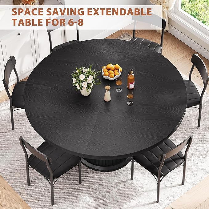 Extendable Round Kitchen Dining Room Table for 4-6 with 2-Tier Storage Shelf, 63'' Space Saving Expandable Wood Oval Circle Dinner Furniture with Pedestal Base(Black)