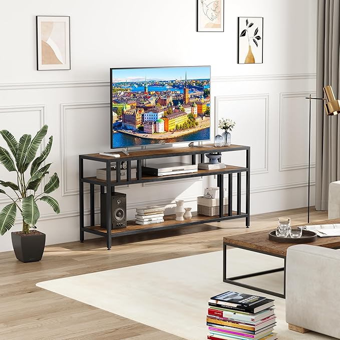 Garvee 58" TV Stand for Television up to 65 Inches, Entertainment Center with 3-Tier Open Shelves, TV Media Console Table with Quadruple-Tube Support for Living Room, Entryway, Rustic Brown