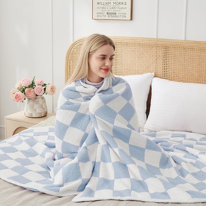 Checkered Throw Blanket Soft & Cozy Blanket for Bed, Couch, and Sofa Lightweight Stylish Versatile Blanket Home Decor for All Seasons Throws Blanket Dusty Blue 60x80 Inches