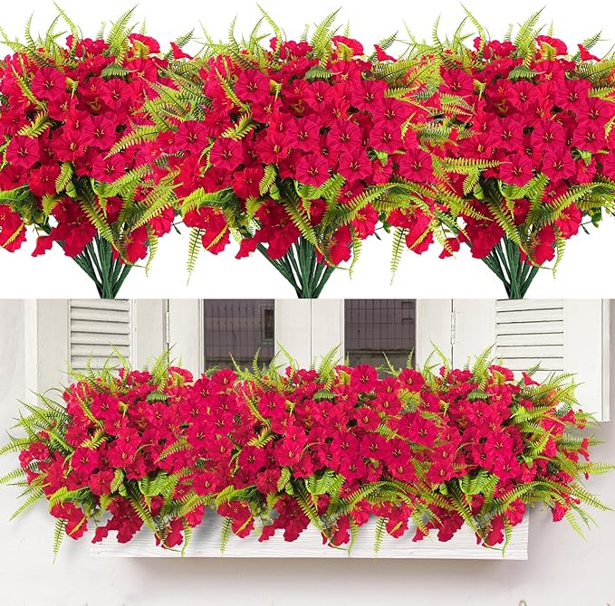 Artificial Flowers Outdoors 12 Bundles Artificial Petunias Fake Flowers UV Resistant Shrubs Plants with Fern for Indoor Outside Hanging Planters Home Garden Summer Decorations(Rose Red)