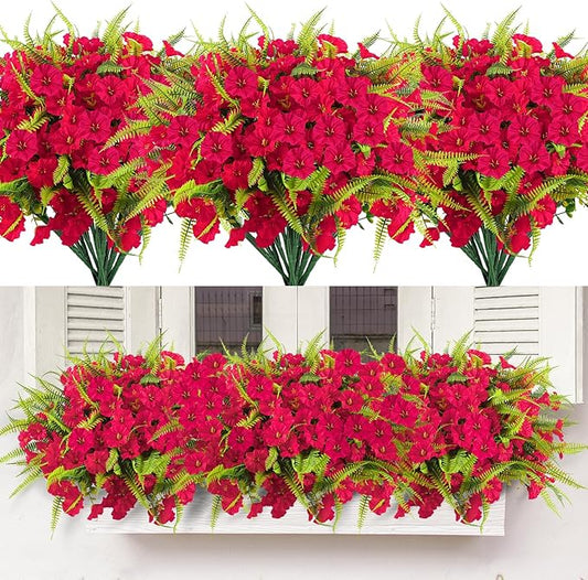 Artificial Flowers Outdoors 12 Bundles Artificial Petunias Fake Flowers UV Resistant Shrubs Plants with Fern for Indoor Outside Hanging Planters Home Garden Summer Decorations(Rose Red)