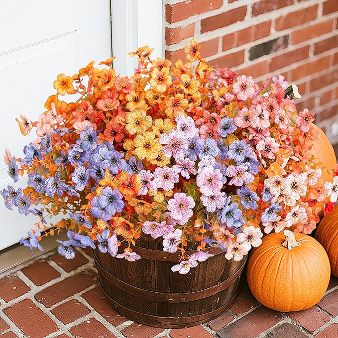 Artificial Fall Flowers Fake Mums for Outdoor Autumn Decoration, 12 Bundles Faux Silk Orange Yellow Mums Daisy Look Real UV Resistant for Outside Home Porch Patio Planter (Fall-6multicolor)