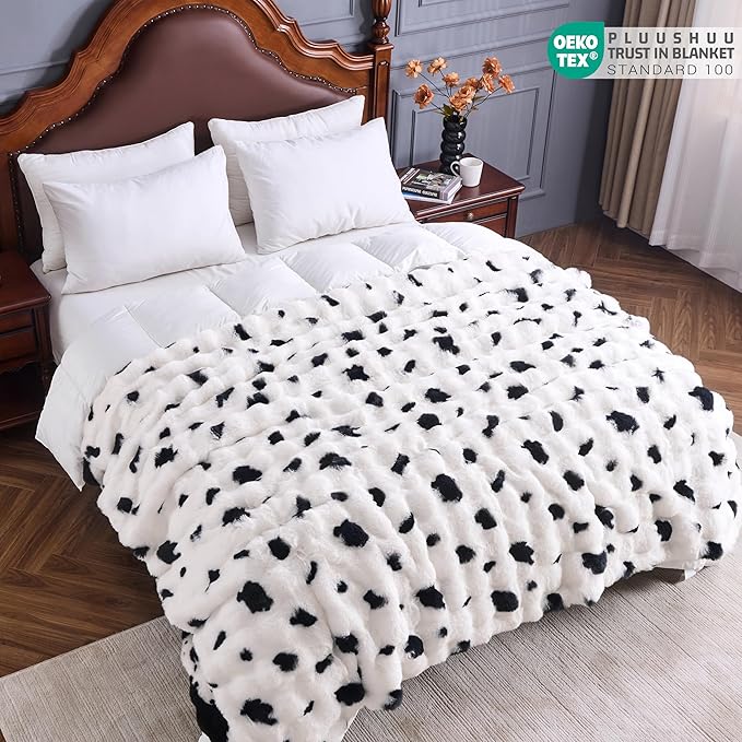 Faux Fur Throw Blanket for Couch, Fluffy Fuzzy Plush Bubble Blanket, Soft Warm Cozy Shaggy Rabbit Blanket, Luxury Decorative Gifts for Sofa Bedroom Living Room, 60x50inch (Cow Color)