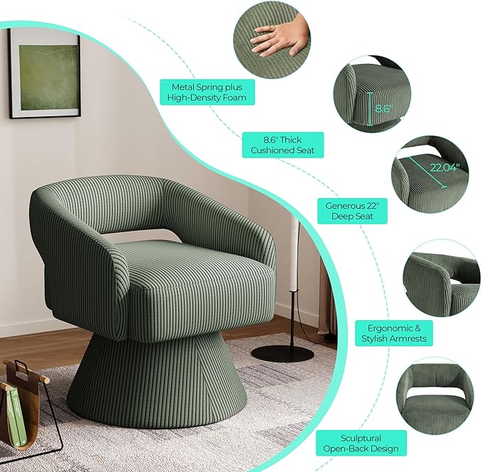 LINSY Swivel Accent Chair, Small Barrel Chair 360 Swivel Modern Armchair, Upholstered Reading Chair for Small Spaces Living Room, Vanity Chair for Bedroom, Green