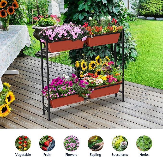 Raised Garden Beds Outdoor Elevated Planter Boxes with Trellis Herb Garden Planter Outdoor Raised Flower Boxes with Legs for Vegetable Patio Balcony Porch, Brick Red