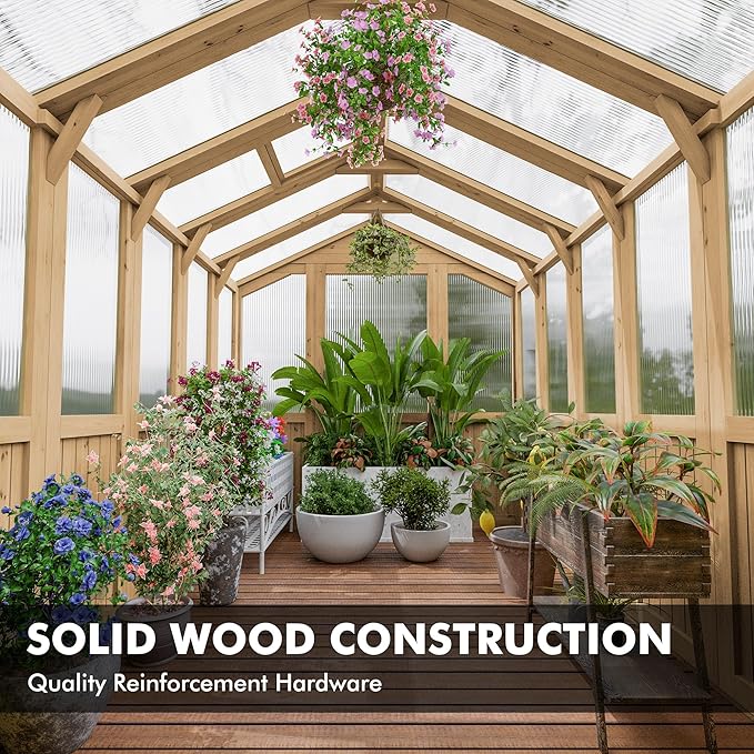 Restland 6x8 FT Wood Greenhouse for Outdoors Reinforced Frame Walk-in Greenhouses with Adjustable Roof Vents & Lockable Door Polycarbonate Green House for Outside