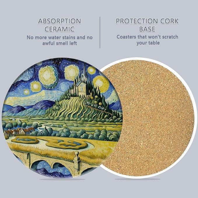 Drink Coasters Set of 6 with Holder, Van Gogh Style Absorbent Ceramic Coasters with Cork Base,Fit All Cups,Great Gift for Housewarming,Room Decor,Bar,Holiday Party