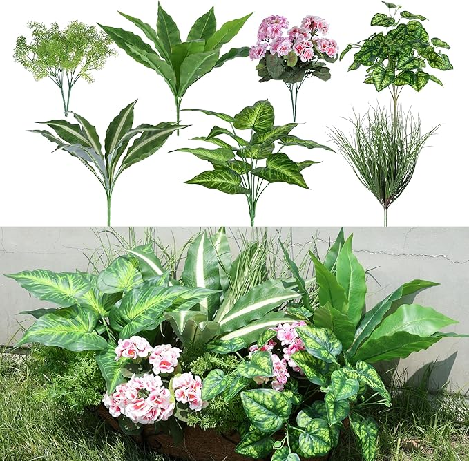 Artificial Greenery Plants & Flowers for Outdoor UV Resistant 10 Bundles Fake Plants Plastic Leaves with Stems for Outside Garden Porch Decor (Mixed-PurplePink)