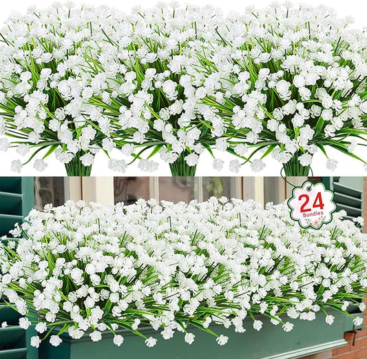Ouddy Decor 24 Bundles Artificial Flowers for Outdoors UV Resistant Fake Plastic Plants Faux Boston Fern Greenery Stems for Spring Summer Indoor Garden Patio Window Box Kitchen Home Decor, White