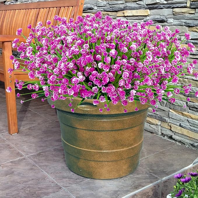 Ouddy Decor 24 Bundles Artificial Flowers for Outdoors UV Resistant Fake Plastic Plants Faux Boston Fern Greenery Stems for Spring Summer Indoor Garden Patio Window Box Kitchen Home Decor, Fuchsia