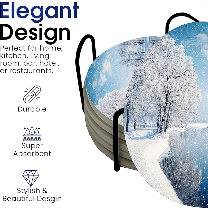 Winter Wintertime Snow Season Round Coasters Set of 6 - Abosrbent Ceramic Coasters with Metal Stand for Drinks, Coffee, Non-Slip Cork Back for Tabletop Protection, 4 Inches (Snow)