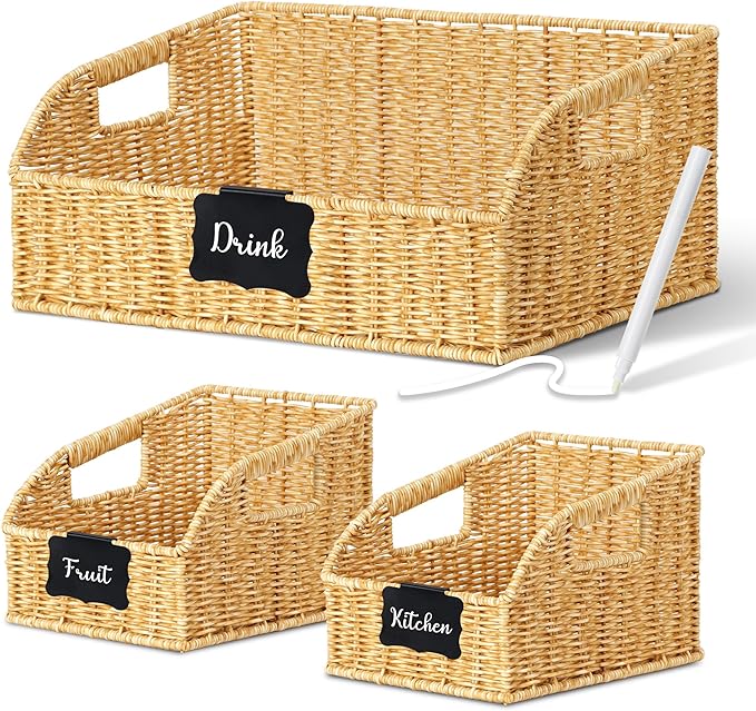 Wicker Baskets for Organizing,Pantry, Kitchen Counter with Handles, Handwoven Woven Storage Baskets for Fruit, Bread, Vegetable, Waterproof Plastic Storage Bins for Shelves, 3 Pack, Natural