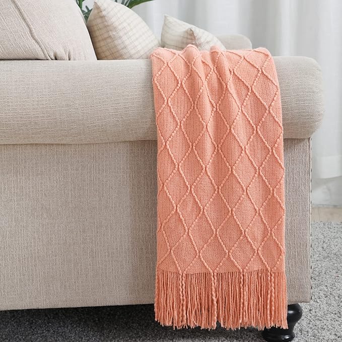 BOURINA Orange Throw Blanket 50x60 Inches Throw Textured Solid Soft Sofa Couch Decorative Knit Blanket