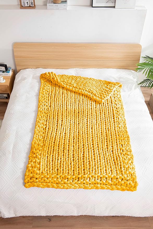 clootess Chunky Knit Blanket Knitted Throw Crochet Chenille Yarn Woven for Bed Sofa Textured Thick Cable Decor (Turmeric 40x60 in)