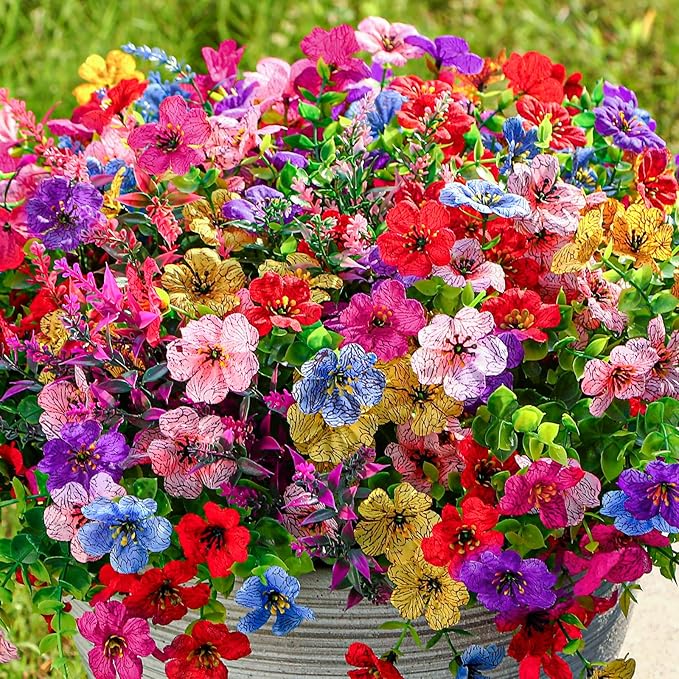 SHareconn 24 Bundles Artificial Flowers for Outdoors, Faux Plants Fake Silk Colorful Daisy Eucalyptus Lavender, UV Resistant for Outside Home Porch Patio Spring Decor, RedRosyPurpleBlueYellowPink